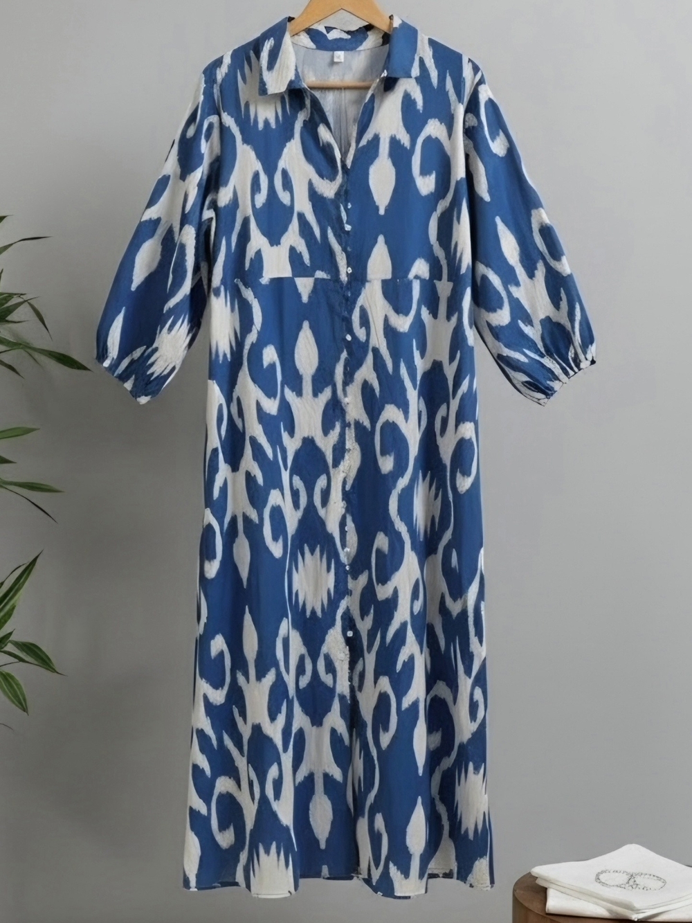 Monsoon V-Neck Button Ikat Print Midi Dress Maxi Dress Blue & White Large